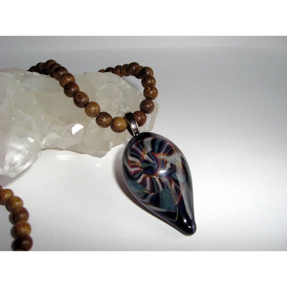 Handblown Glass Pendant On 20” Wooden Bead Necklace Boho Style Artisan Made 2008 - Picture 15 of 16